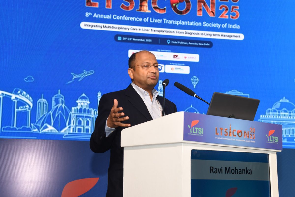 Dr. Mohanka speaking at the LTSICON 2025 podium with his nameplate